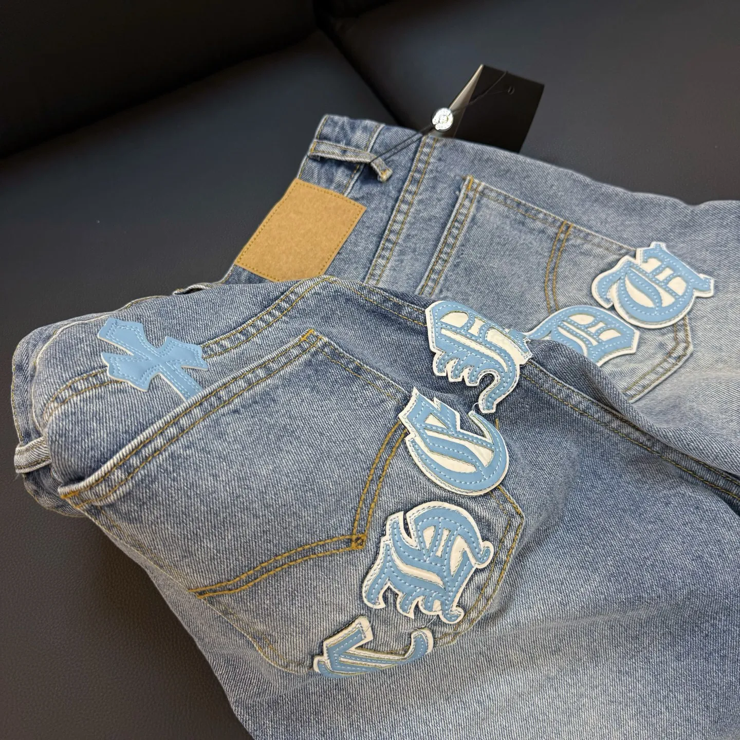 P280 Style number: D316 Chrome Hearts washed blue leather jeans Size# 28 30 32 34